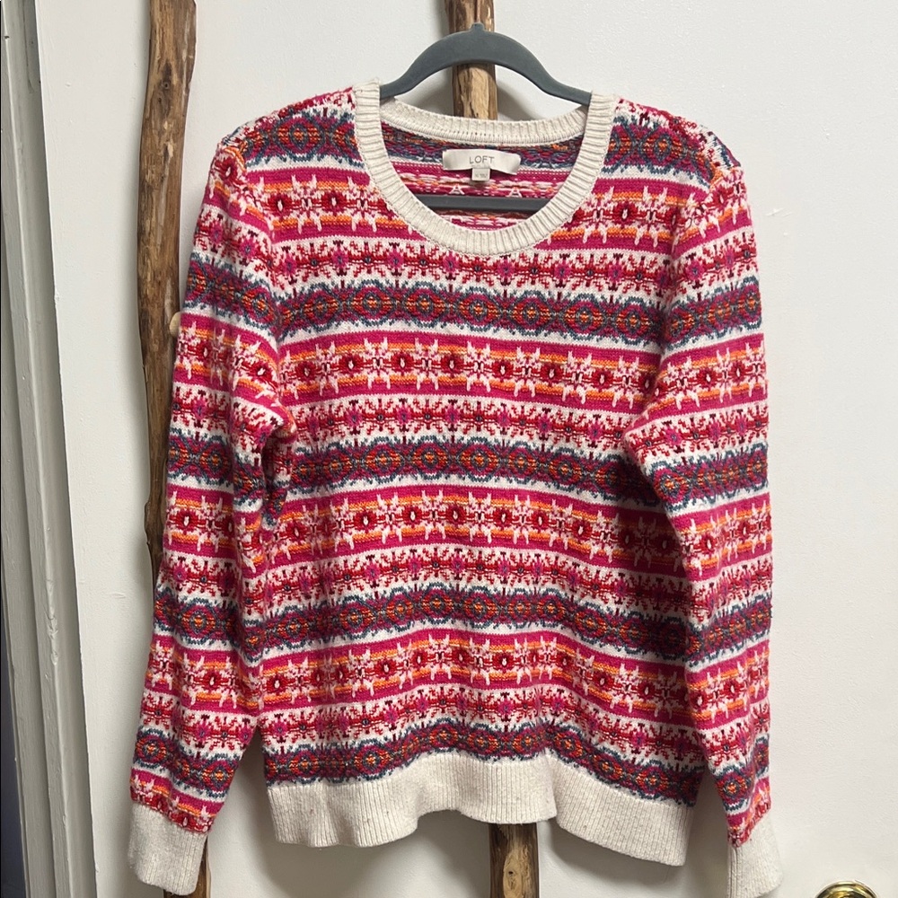LOFT Apres Ski Red Pink & Ivory Snowflake Knit Cotton Blend Sweater XL